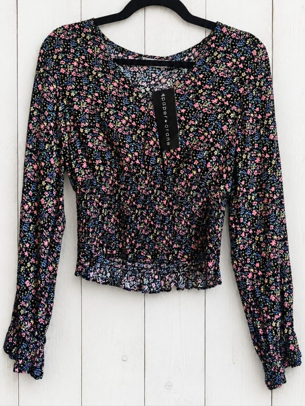 NWT Paper Crane Black Floral Smocked Long-Sleeve Top Size S